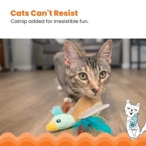 cat playing with toy duck and info about added catnip for extra fun