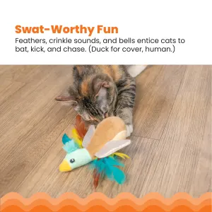 feathers, crinkle sounds and bells info with cat pawing at toy duck