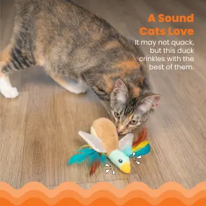 cat sniffing around toy duck with info about the crinkly wings
