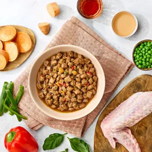 images of raw ingredients in this recipe and bowl of the naturo pouch emptied out