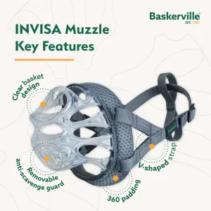 muzzle features all around padding, clear design, removable anti-scavenge guard and v-shaped strap