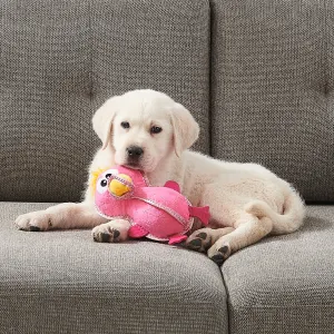 golden retriever puppy playing with flamingo toy