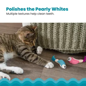 cat playing with shrimpies that have different textures to clean teeth
