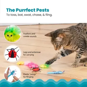 different ways to play and features of play like feathers, crinkles, toss, bat, swat, chase and fling