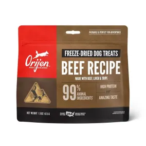 Brown bag of Orijen beef freeze dried dog treats