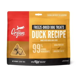 Orange bag of  Orijen duck freeze dried dog treats