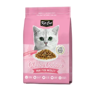 Kit Cat Dry Adult Cat Food Fish Medley in pink packaging