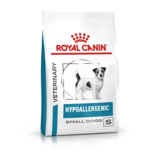 Blue & white bag of Royal Canin Hypoallergenic Small Breed Dog Food