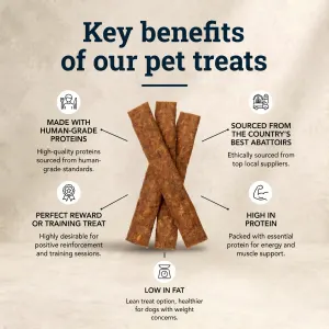 Three jerky treats in centre with 5 bullet points around with key benefits