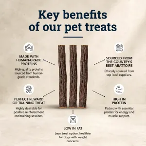 Three sausages in centre with 5 bullet points around with key benefits