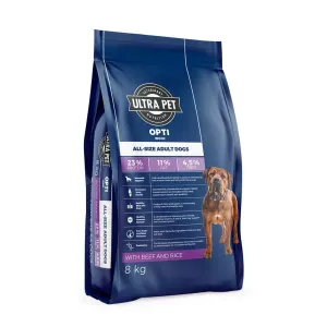 OptiWoof Adult Dog Food - Beef & Rice in dark blue packaging