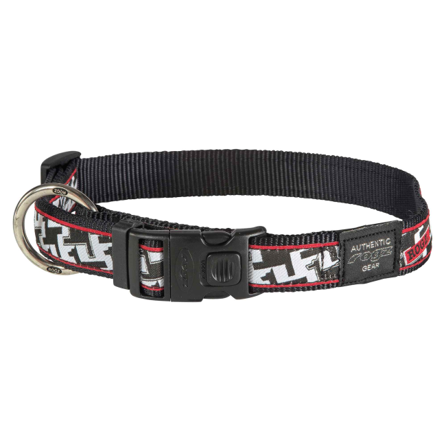 Black, red and white rogz dog collar with houndstooth prints, lead ring and black clip