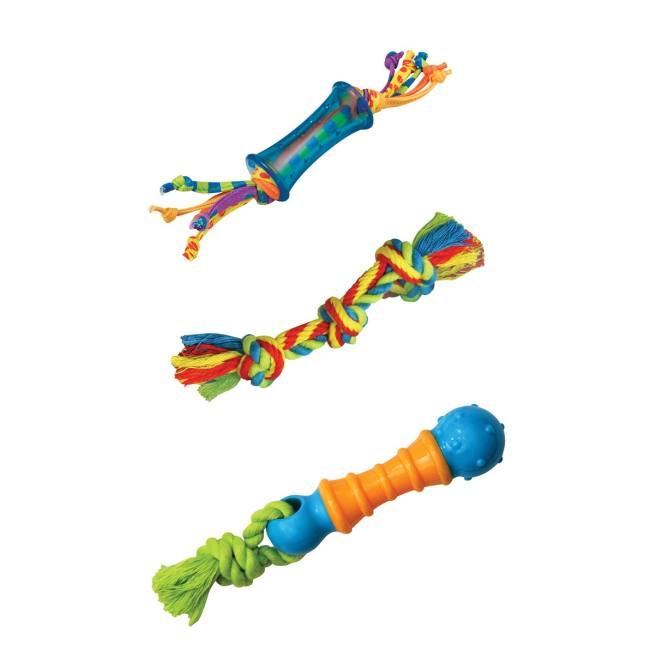 Three different multicoloured dog chew toys that benefit your dog's overall dental hygiene