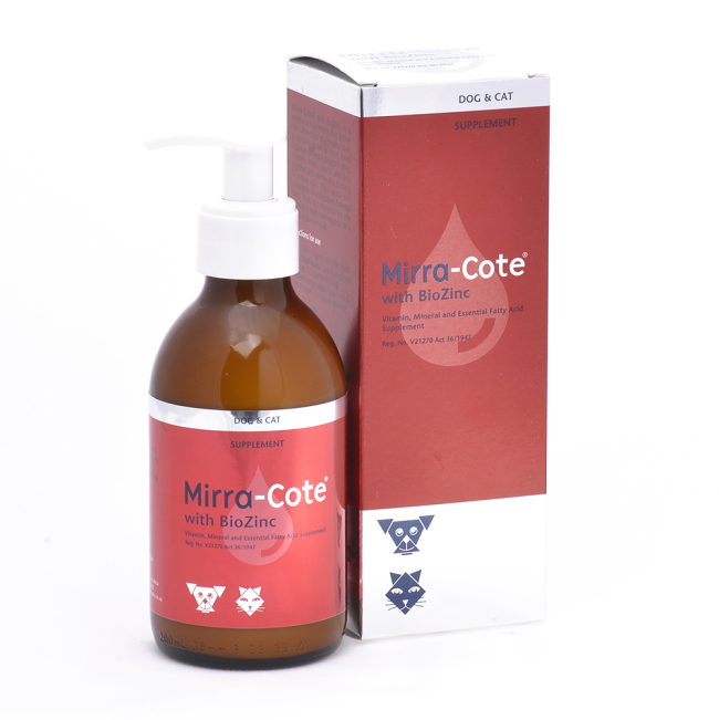 Mirra Cote Biozinc Nutritional Supplement bottle with nozzle for cats and dogs