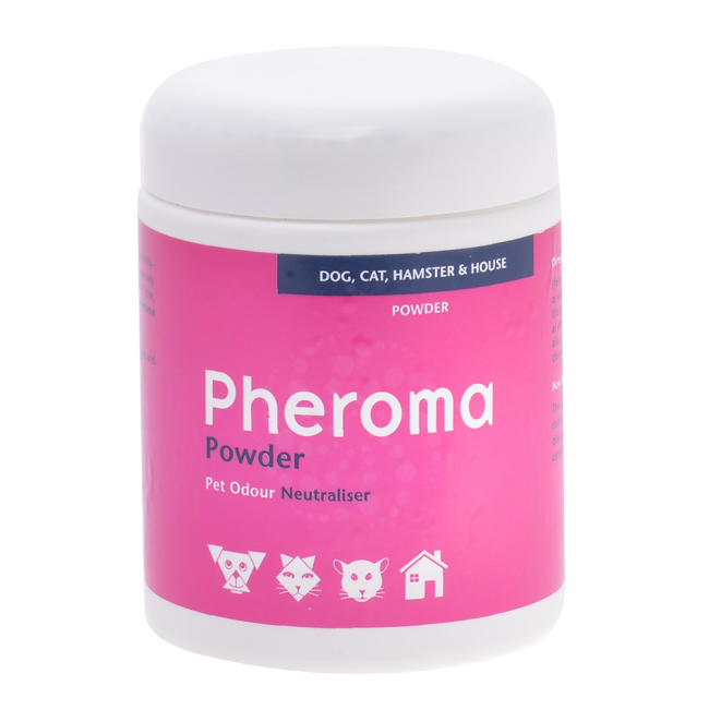 Pink tub (500g) filled with powedered odour neutralizers to eliminate pet odours