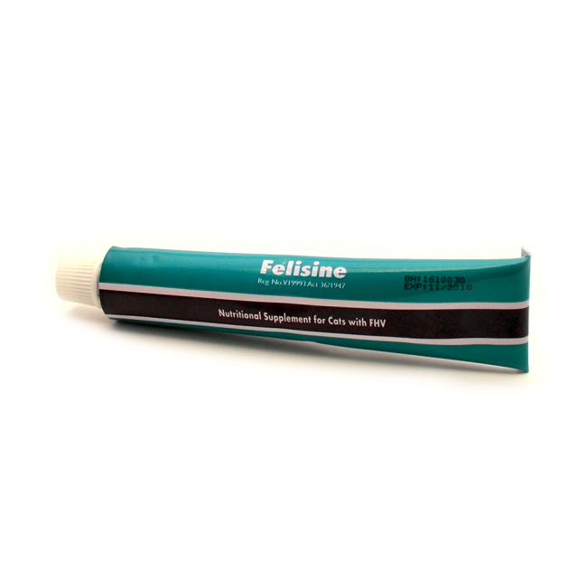 Felisine L-lysine supplement paste in a blue white and black tube for cats with snuffles