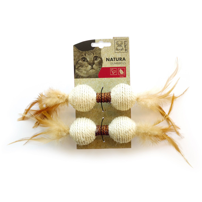 Two cream and brown raffia string dumbelles with feathers attached to either end
