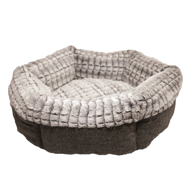 Grey round cat bed with tweed exterior and plush inner