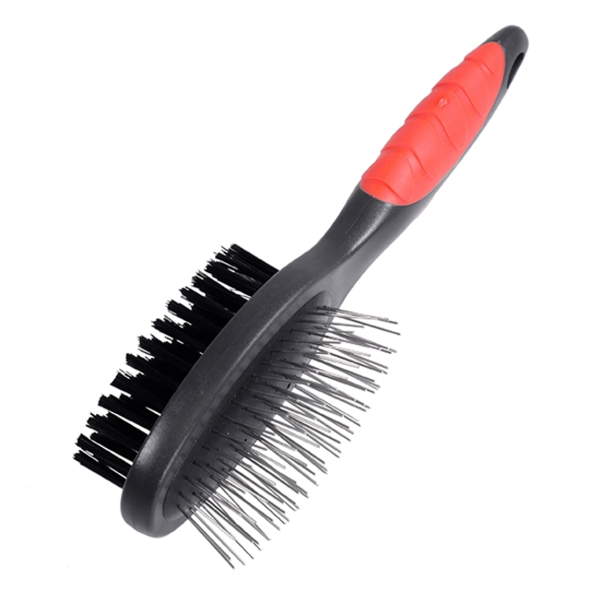 Purple dog grooming brush with bristles one side and pins the other side