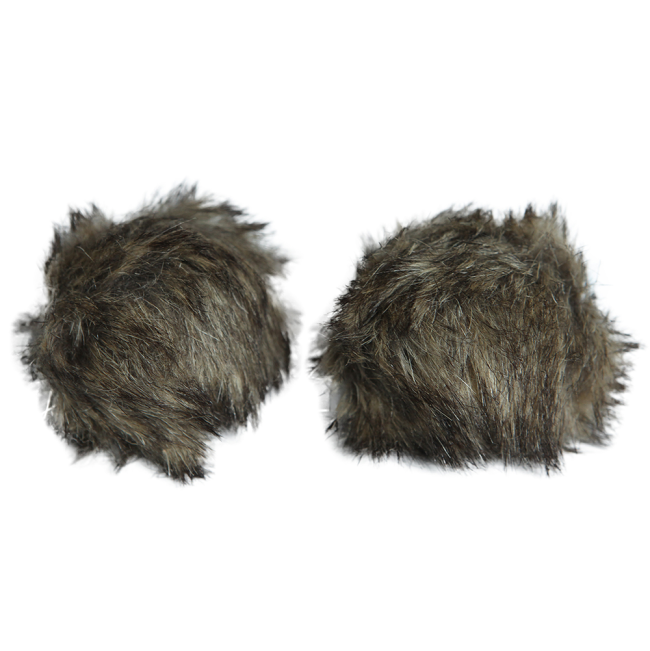 two dark grey round furry ball cat toys