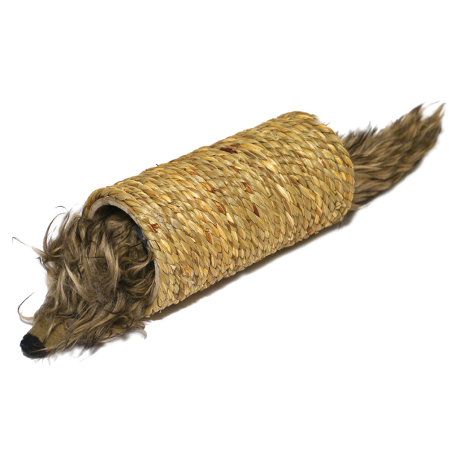 Fluffy grey rodent-type stuffed animal inside a seagrass tube