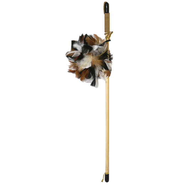 Fluffy feather ball attached to a wooden wand cat toy