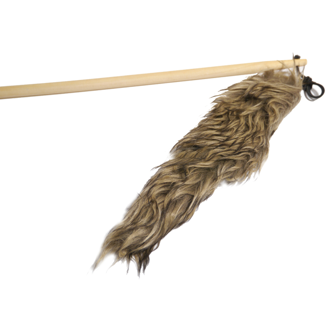 Furry stuffed prey-like animal tails attached to a cat wand