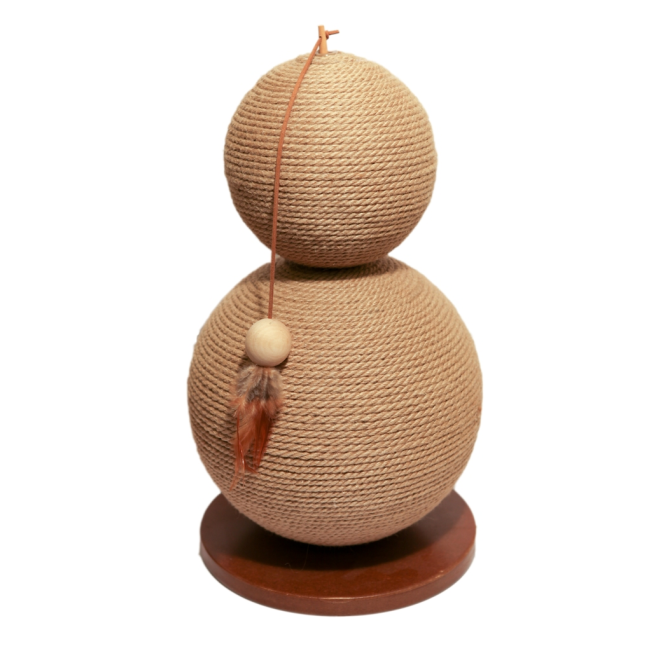 Double stack of big round sisal balls mounted on wood base for cats to scratch