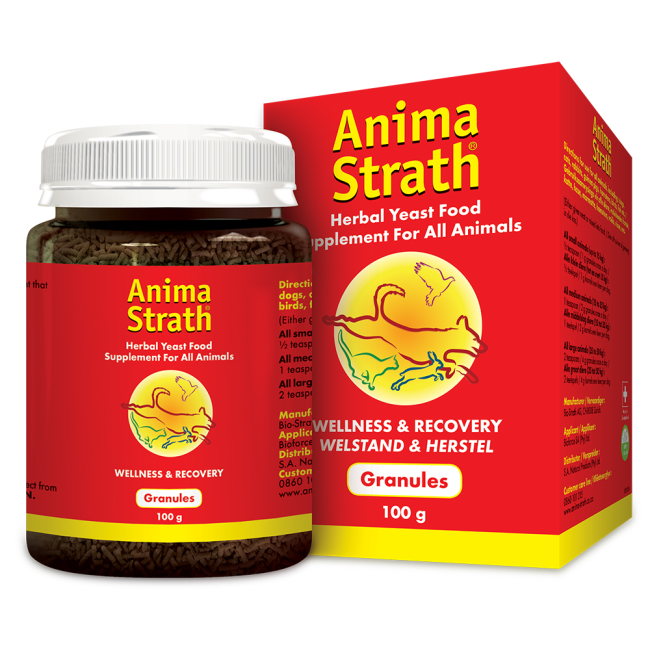 Red bottle and box of Anima-strath multi-vitamin granules for dogs & cats