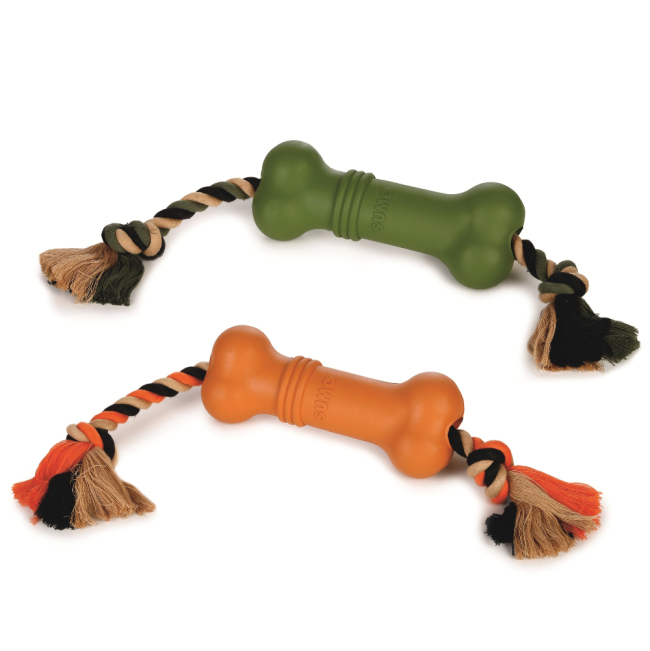 Orange and green rubber bone shaped dog toys