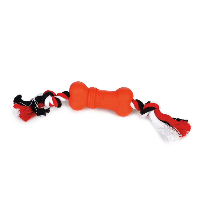 red rubber bone shaped dog toy with rope