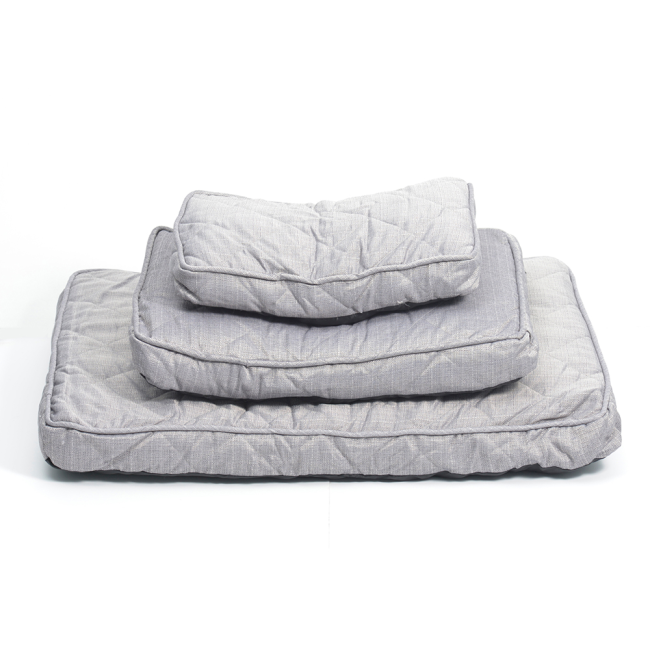 3 different sizes of Grey tweed rectangular dog mattresses stacked