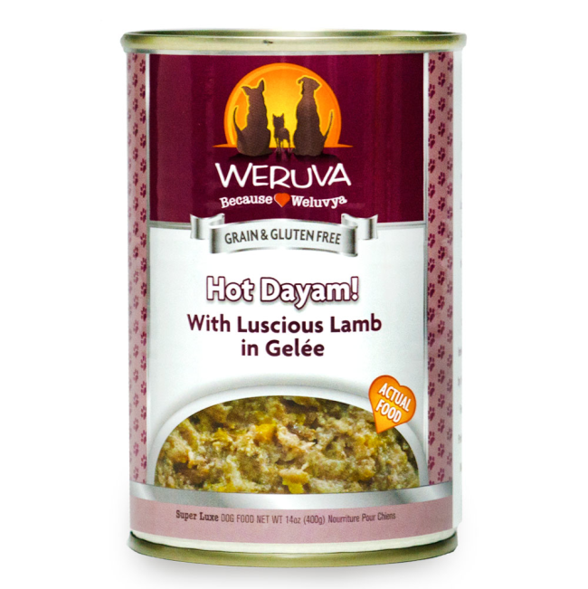 Burgandy tin of Weruva Hot Dayam wet fog food