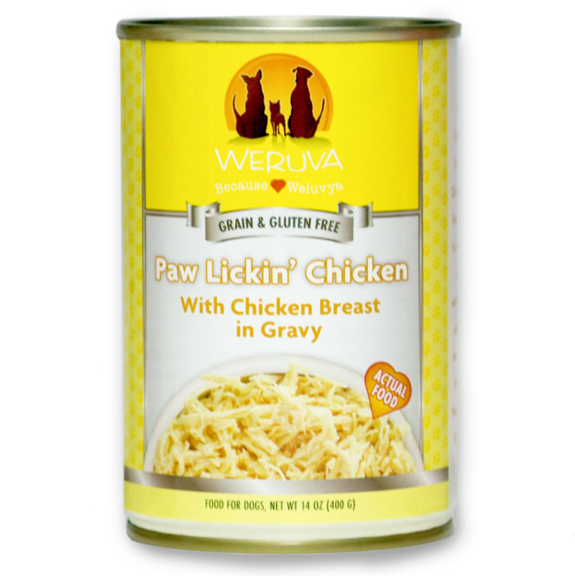 Yellow tin of wet chicken Weruva dog food