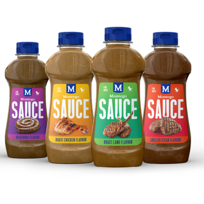 4 flavours of bottles of Montego sauces for dogs