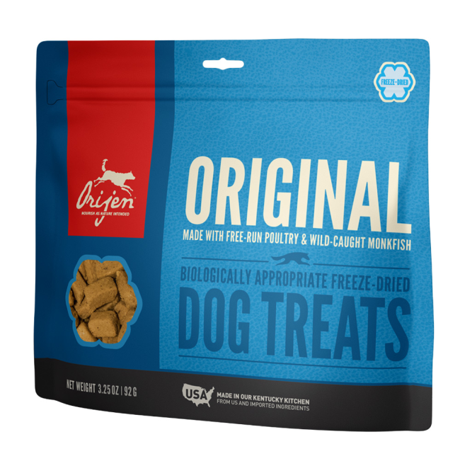 Blue bag of Orijen Original Freeze Dried Dog Treats