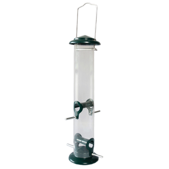Clear plastic with green trim hanging bird seed feeder