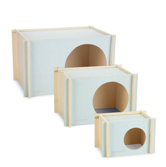 3 sizes of pale blue and natural wooden rodent houses