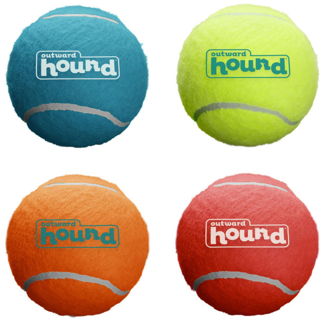 Blue, orange, yellow and red dog tennis balls