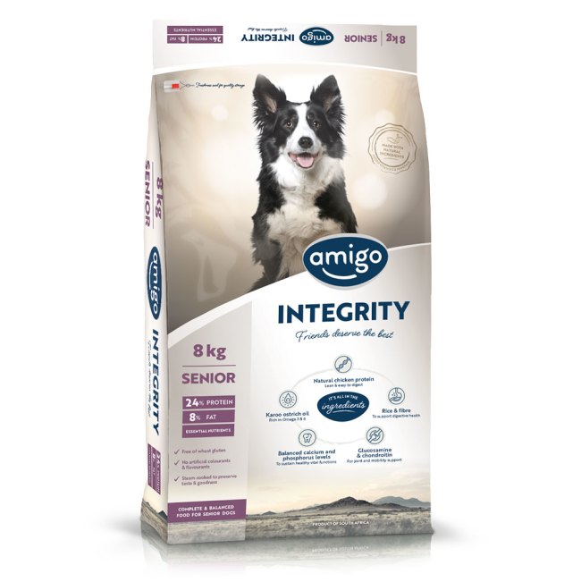 White bag of Amigo Integrity Senior dog food