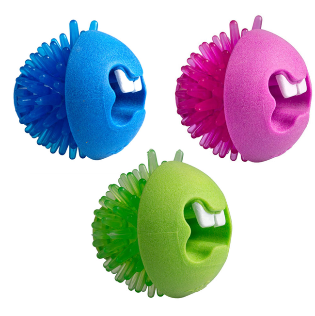 Group shot of pink, blue and green fred dog toy