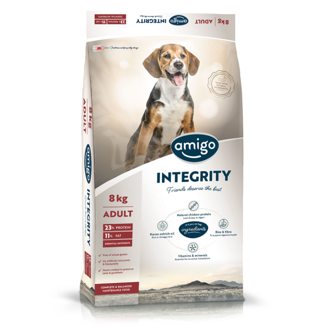 White bag of Amigo Integrity small adult dog food