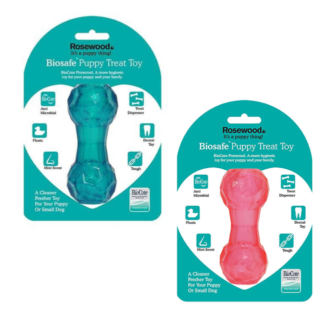 Blue & pink silicone plastic dumbell dog toys in packaging