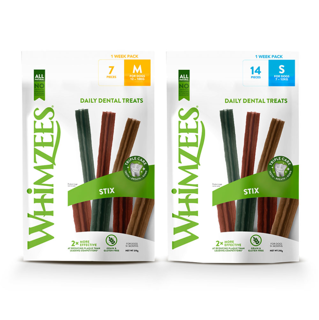 Bags of small & medium Whimzees stix daily packs