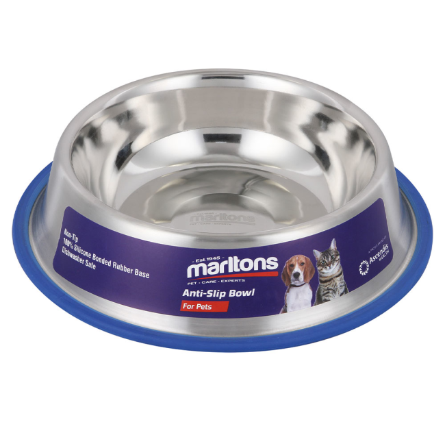 Stainless steel dog bowl with blue silicone non-slip rim