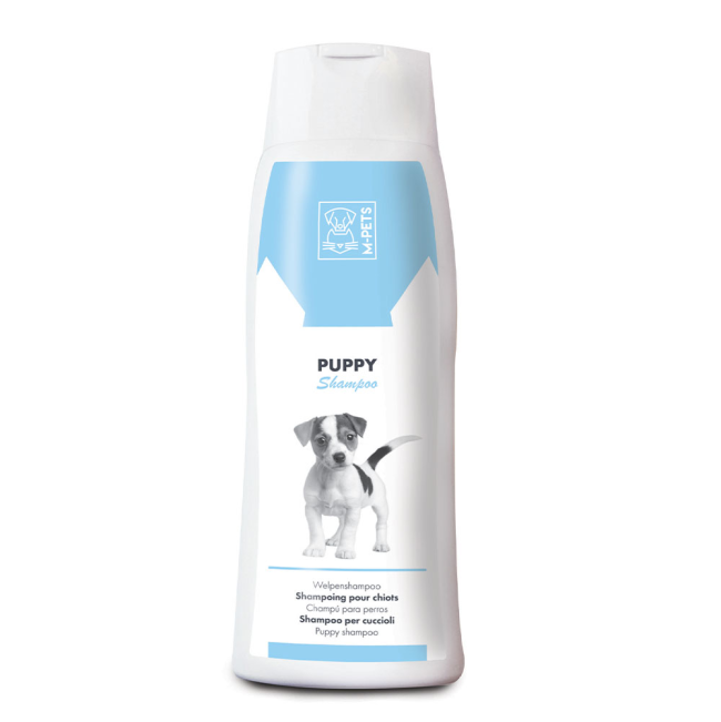 Blue & white plastic bottle of Puppy shampoo