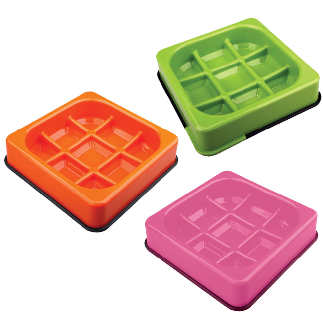Pink, green and pink waffle shaped anti scoff dog bowls
