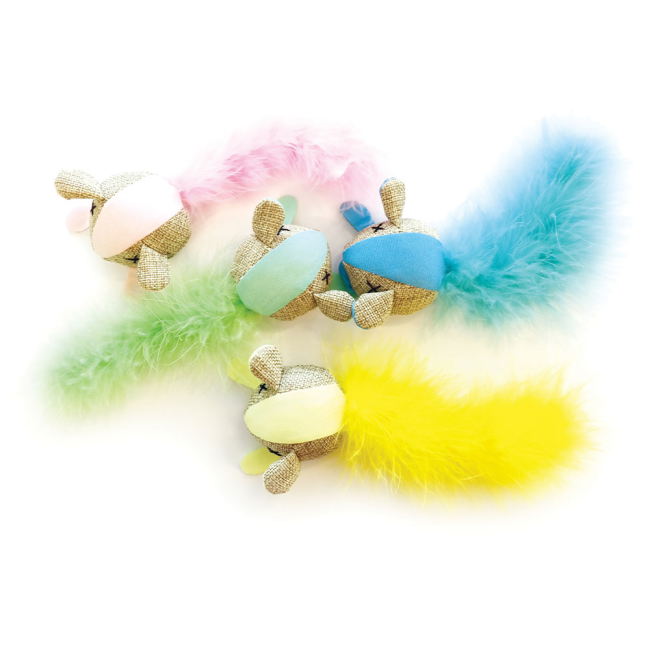 Mouse shaped cat toy with brigthty coloured feather tail