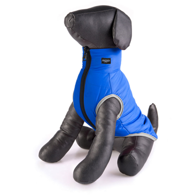 Blue puffer dog jacket on model