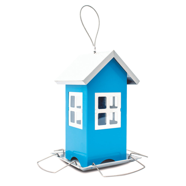 Blue bird seed feeder shaped like a house